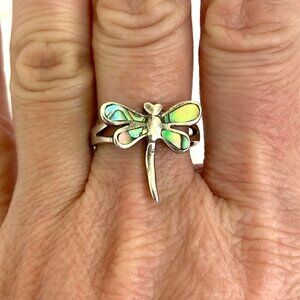 Sterling Silver 925 Abalone Inlay Dragonfly Insect Ring Size 8.5
